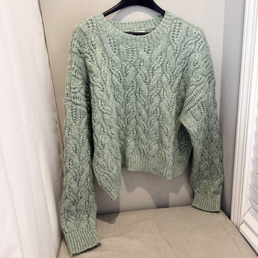 And Now This Womens L Mint Green Cable Knit Sweater Long Sleeve Soft Cozy